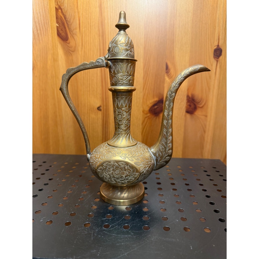 Vintage Engraved Brass Dallah Coffee Pot Floral Middle Eastern Decor 8.5"